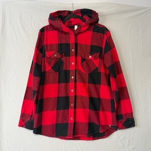 Ripzone Womens Buffalo Plaid Hooded Flannel Shirt Size L Red Black Gorpcore